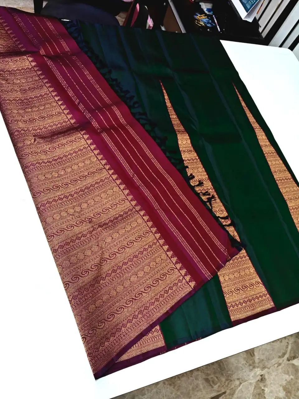 Magenta Pink & Bottle Green Kanjivaram Saree